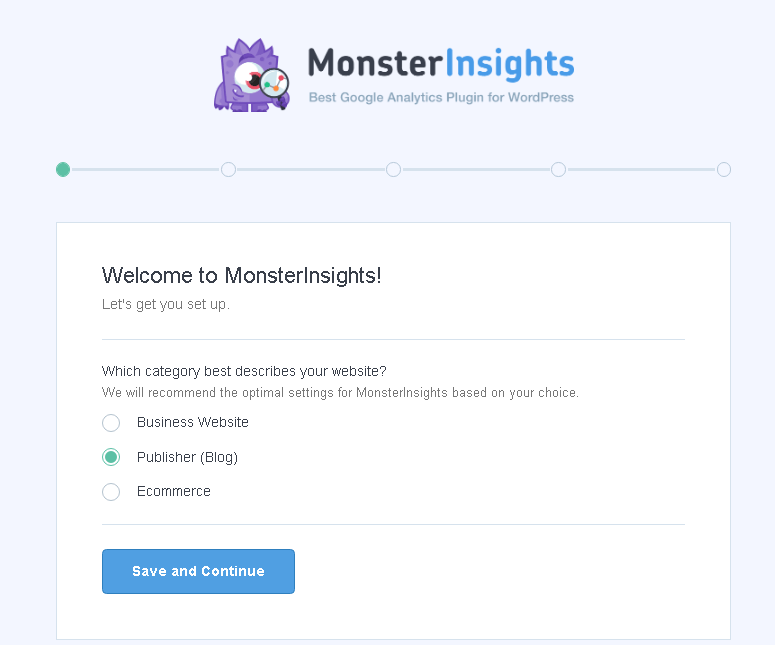 Choose website category in MonsterInsights
