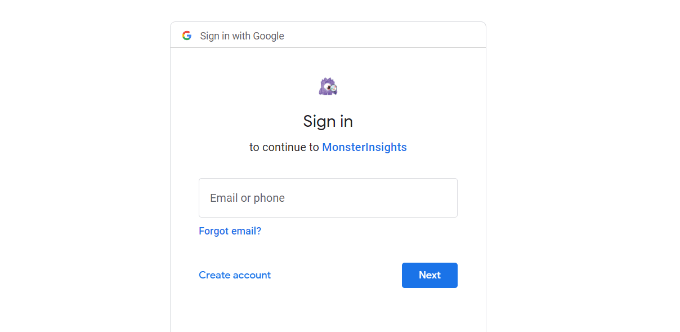 Choose Google account to signin in MonsterInsights