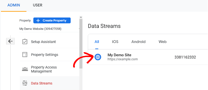 Select your Created Data Streams in Analytics