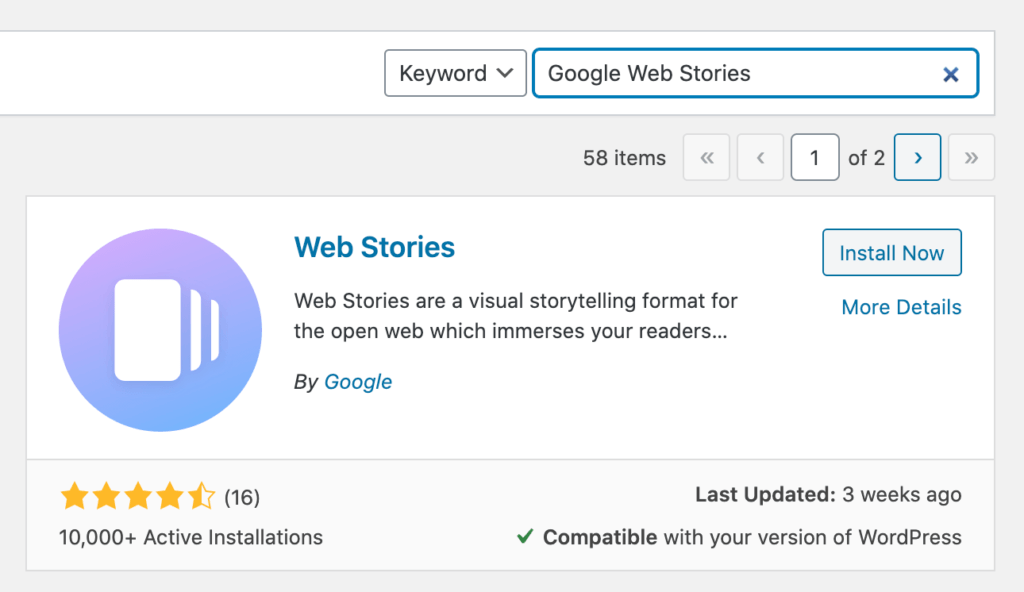 Install Google Web Stories wordpress plugin